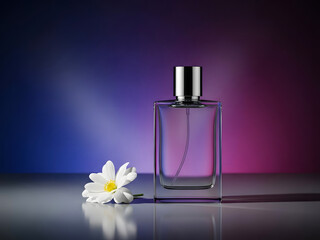 Luxury perfume bottle and white flower on reflective surface