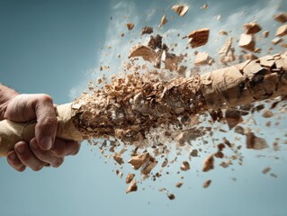 Man's hand forcefully breaking a giant cigarette, symbolizing unshackling from addiction, with splintered wood fragments flying in dynamic motion, conveying strength and liberation