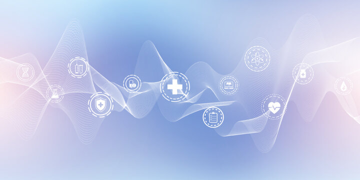 Modern health care banner template with flat icons. Medical innovation concept for header, web banner, website, presentation. Vector illustration