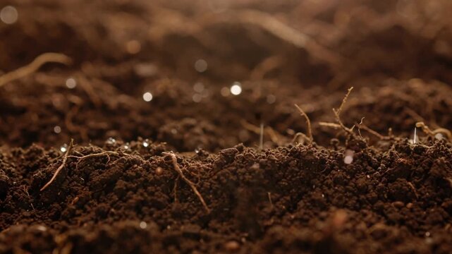 close-up cinematic video natural garden soil, rich brown texture organic particles, small roots, tiny worms, morning dew water droplets glistening soft sunlight, shallow depth of field, slow motion