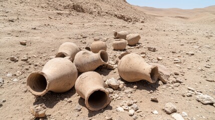 Ancient broken clay amphorae scattered on dry dusty ground at an archaeological dig site