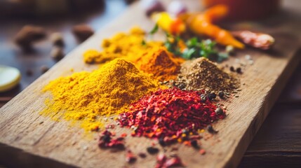 Assorted Spices and Herbs Arranged on a Rustic Wooden Board