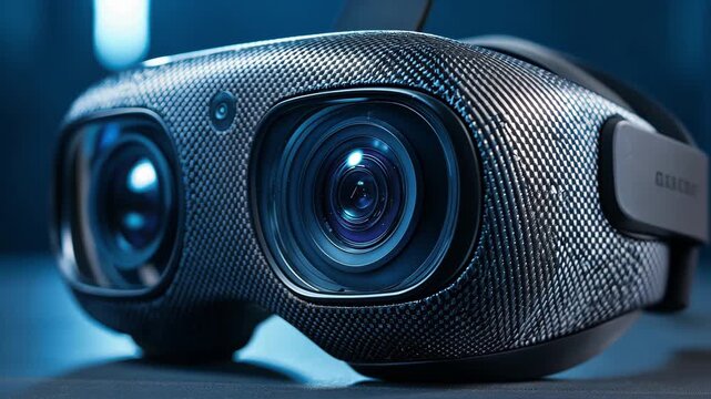 A close up view of a virtual reality headset showing intricate details and features in an indoor environment