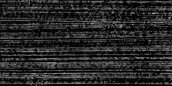 Grunge noise texture background. White scratch pattern on black with distressed vintage glitch effect and analog static lines. Retro overlay vector illustration.