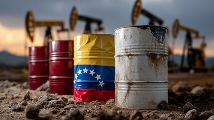 Colorful barrels marked with the Venezuelan flag stand in an industrial setting as oil pumps operate in the background against a dramatic sunset sky, showcasing the nation's oil industry