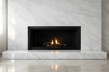 living room with a white marble fireplace, a lit fire inside, and a reflective tiled floor. 