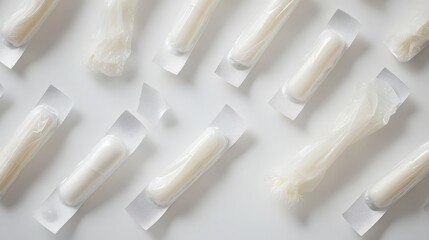 Array of pharmaceutical pressure sensitive seals in individual sterile packaging on a white surface