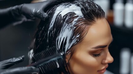 A stylist applies a hair treatment product to a clients hair in a salon during a routine service