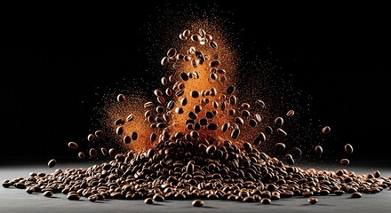 Coffee beans explosively scattered in dynamic motion