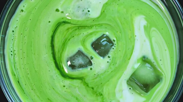 Overhead top-down view of iced matcha in a transparent cup, slow swirling motion frothy green liquid, ice cubes floating rotating, organic wave patterns, matcha powder particles blending, cinematic 4k