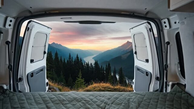 Open Back Doors of Camper Van Revealing a Breathtaking Mountain Lake Landscape at Sunset