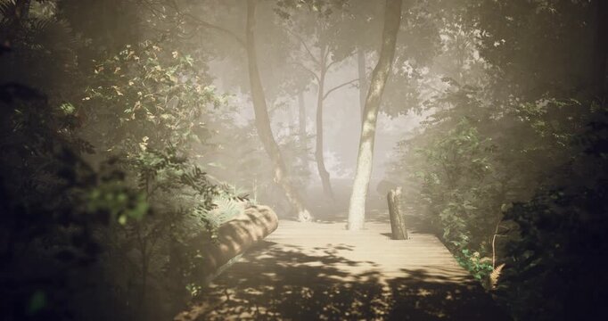 A serene pathway appears through a misty forest, featuring a wooden bridge and dense trees. The atmosphere is quiet, evoking a sense of peace and calmness in nature.