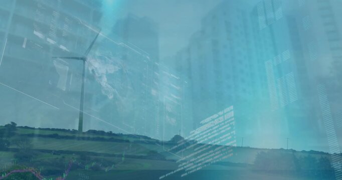 Animation of globe, database and numbers over low angle view of buildings, windmill on landscape