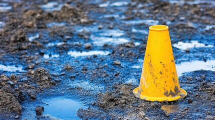 Bright yellow safety cone stands in muddy water on construction site