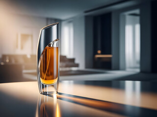 Glass of whiskey on a reflective surface in a luxurious room