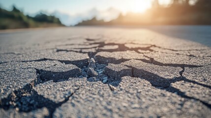 Cracked and broken asphalt road under bright sunlight