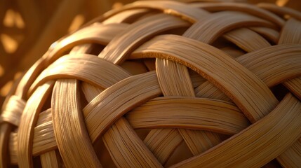 Close up of a natural woven material with intricate patterns and detailed texture in warm lighting