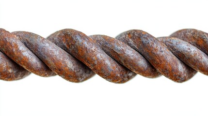 Close up of heavily rusted and corroded twisted metal wire against a white background