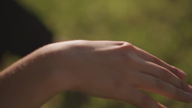 Open hand reaching for ladybug sunlight, sunlit grass backdrop with graceful hand motions, insect crawling across fingers, playful summer energy captured in slow motion, versatile clip for lifestyle,