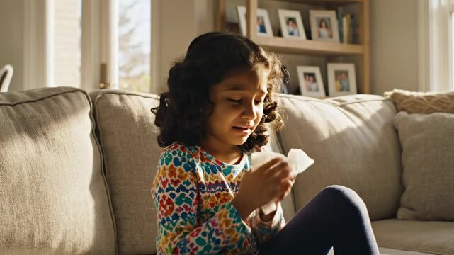 Little unwell girl with curly hair sitting on the sofa in a sunlit living room, sneezing into a tissue due to a cold, flu, or seasonal allergy, feeling sick and under the weather at home