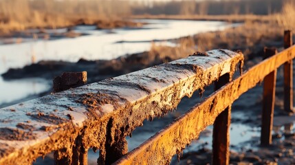 Close up view of a tarnished metal railing with a surface pitted with rust and decay in an outdoor landscape setting