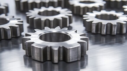 Gleaming metallic gears of varying sizes meshed together on a reflective surface