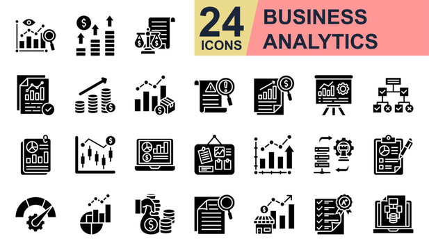 Business Analytics Icons set vector illustration. Containing Data Insight, Profit Growth, Balance Sheet, Demand, Financial Metric and more. Simple glyph icons collection.