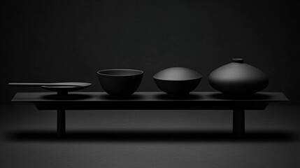 Dramatic low-key still life featuring several ceramic bowls on a shadowed shelf