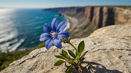Blue wildflower blooming on rugged coastal cliff overlooking vast ocean waves on sunny day