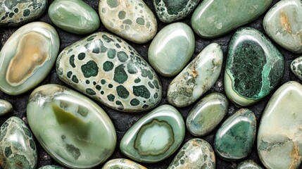 Collection of polished green jade and malachite gemstones with varied patterns and textures displaying natural earthy beauty