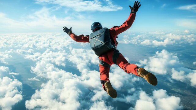 Skydiver leaps from an aircraft and experiences freefall through clouds over an expansive landscape with a bright sky