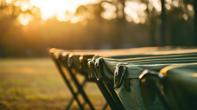 Collapsible green cots folded and ready for deployment in a natural outdoor setting with warm sunlight in the background