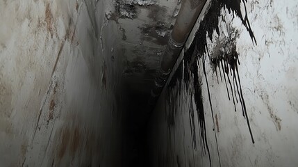 Corroded industrial pipes leak dark viscous fluid dripping down grimy walls in a dark neglected tunnel