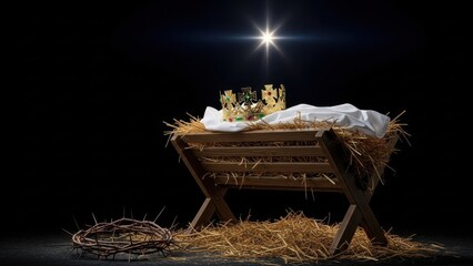 Crown on white cloth in rustic manger with star above