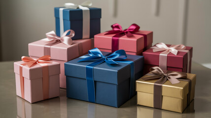 Obraz premium A collection of luxury gift boxes arranged on a reflective surface with colorful ribbons 1