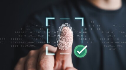 A person using a fingerprint scanner for secure biometric authentication with a green checkmark indicating successful verification.