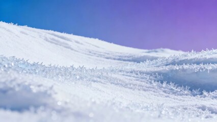 Close-up of snow-covered ground with frost formations under a gradient sky