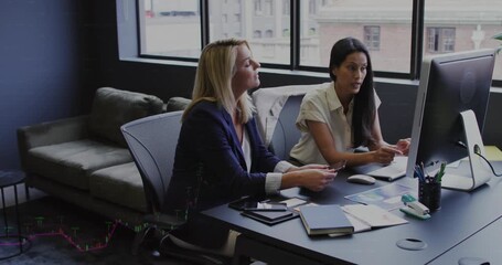 Animation of financial data processing over diverse business people at office - Powered by Adobe