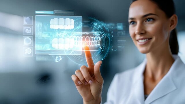 Confident woman in a white coat uses a transparent touch screen with a digital dental scan, representing high tech dentistry solutions. Futuristic interface emphasizes smart dental care advancements