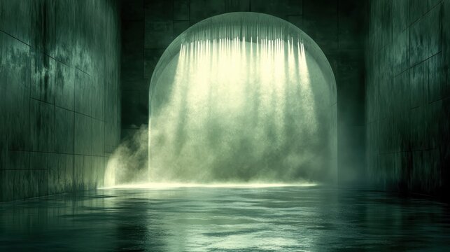 Decontamination tunnel entrance with visible spray creating a mist under an archway with water on the floor