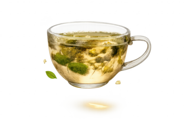 Herbal tea in glass, clear cup with transparent background beverage art.