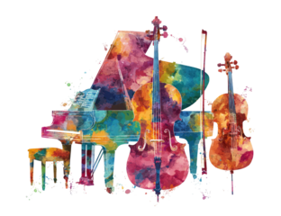 Colorful watercolor depiction of musical instruments piano, cello, and violin