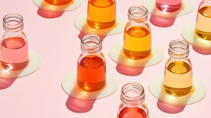 Clear glass vials containing colorful liquids arranged in a repeating pattern on a pink surface