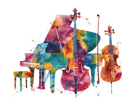 Colorful watercolor depiction of musical instruments piano, cello, and violin