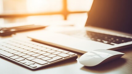 setup. Modern work desk with clean surface and subtle stationery, illuminated by soft window light, embodying professional workspace aesthetics. lifestyle magazines.