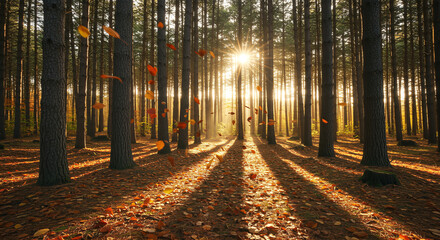 serene forest landscape with sunlight filtering through trees, autumn leaves on ground, peaceful atmosphere, natural scenery, vibrant colors, calm environment, forest pathway