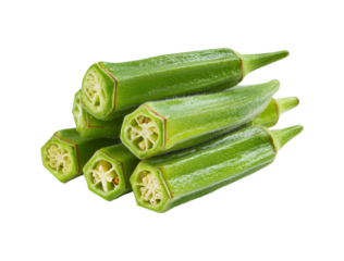 Fresh whole and sliced okra pods stacked isolated on a transparent background, highlighting the healthy vegetable cross-section.