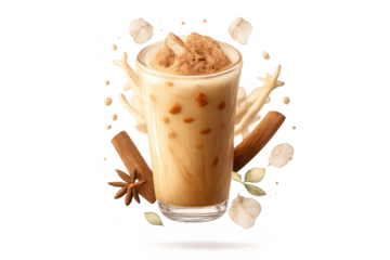 Iced spiced latte with splash on transparent background presentation.