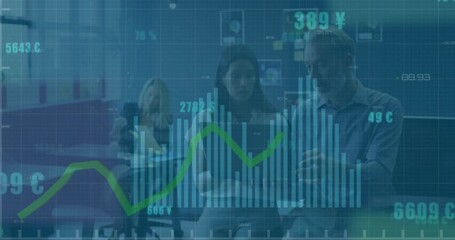 Animation of financial data processing and statistics over business people - Powered by Adobe