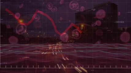 Animation of financial data processing and virus cells over cityscape - Powered by Adobe